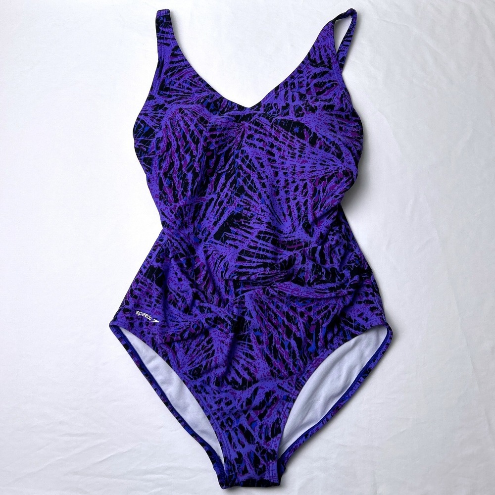 Speedo Womens Abstract Palm Leaf One Piece Swimsuit Size 12 Purple Black Blue